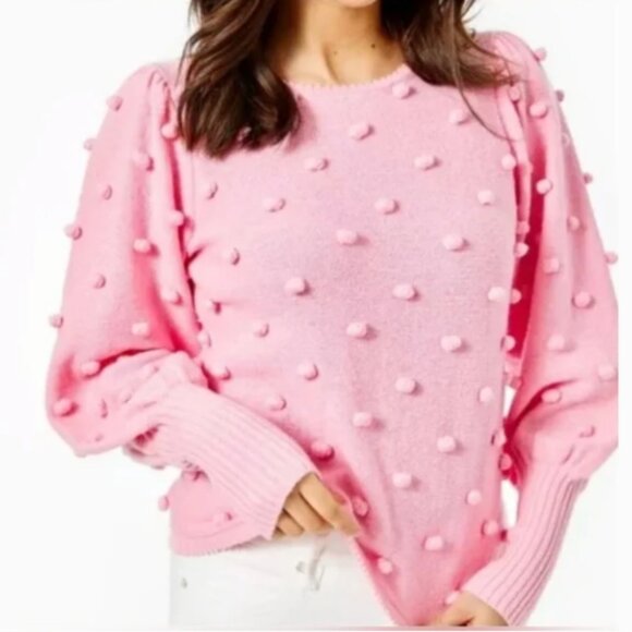Lilly Pulitzer Kippa Sweater Small Pom Pom Embellished Puff Sleeve Pink Blossom - Picture 1 of 7